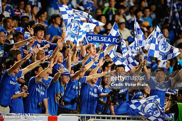 Chinese fans cheer during the Asia Trophy pre-season friendly match between Chelsea and Aston Villa at the Hong Kong Stadium on July 30, 2011 in So...