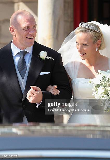 Zara Phillips and Mike Tindall attend their wedding at Canongate Kirk, in Edinburgh on July 30, 2011 in Edinburgh, Scotland.