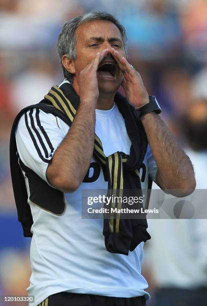 Jose Mourinho, manager of Real Madrid gives out instructions during the Pre-Season Friendly match between Leicester City and Real Madrid at The King...