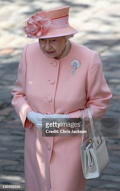 Queen Elizabeth II leaves Canongate Kirk on the afternoon of the wedding of Mike Tindall and Zara Philips on July 30, 2011 in Edinburgh, Scotland....