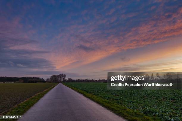 beautiful dramatic orange and blue cloud and sky after storm and rain over agricultural field and road on countryside area in germany. phenomenon of sky turn pink. nimbostratus cloud during sunset. - twilight stock pictures, royalty-free photos & images