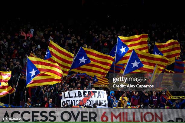 Pro-Independence of Catalonia 'estelada' flags are seen in the stands during the Liga match between FC Barcelona and Granada CF at Camp Nou on...