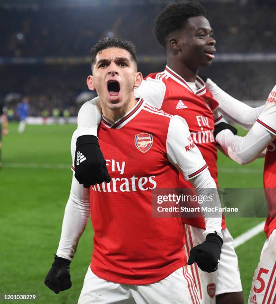 Lucas Torreira celebrates the 2nd Arsenal goal, scored by Hector Bellerin during the Premier League match between Chelsea FC and Arsenal FC at...