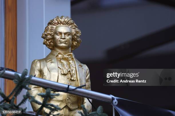 Golden bust of German pianist and composer Ludwig van Beethoven is pictured on a balcony on January 21, 2020 in Bonn, Germany. Germany is celebrating...