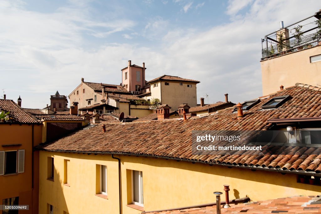 View of rooftops in Bologna, Italy.