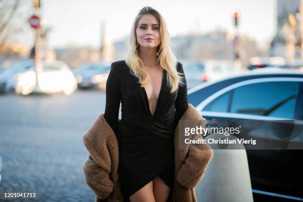 Valentina Ferragni seen wearing black dress, teddy coat outside Alexandre Vauthier during Paris Fashion Week - Haute Couture Spring/Summer 2020 on...