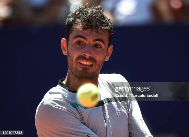 Juan Ignacio Londero of Argentina hits a backhand during his Men's Singles match against Casper Ruud of Norway with a part of first semifinal during...