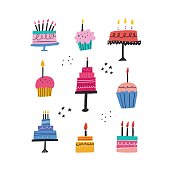 Birthday baked cakes flat vector illustrations set