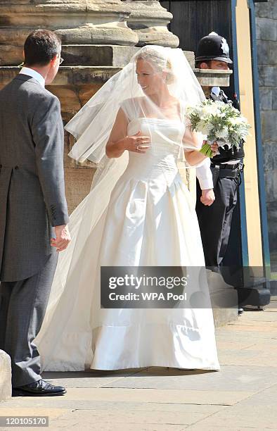 Zara Phillips leaves Holyrood Palace to go to the Royal wedding of Zara Phillips and Mike Tindall at Canongate Kirk on July 30, 2011 in Edinburgh,...