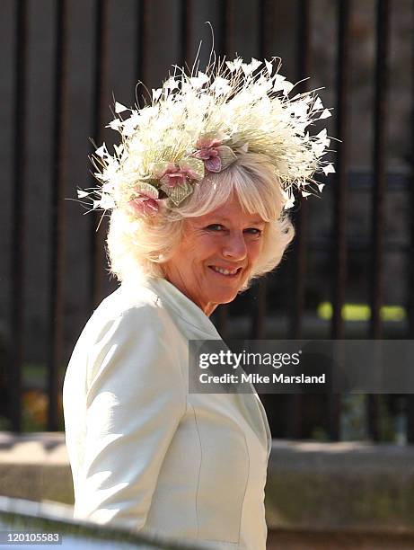 Camilla, Duchess of Cornwall arrives for the Royal wedding of Zara Phillips and Mike Tindall at Canongate Kirk on July 30, 2011 in Edinburgh,...