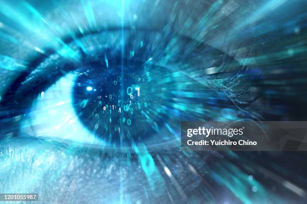 woman eye taking in digital data with futuristic speed motion - facial recognition technology - fotografias e filmes do acervo