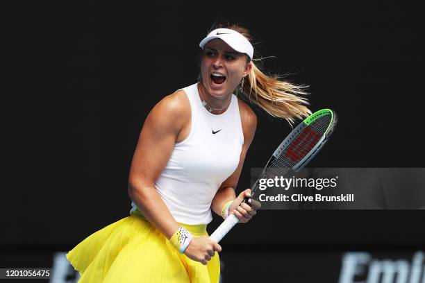 Paula Badosa of Spain celebrates after winning a point during her Women's Singles second round match against Petra Kvitova of Czech Republic on day...