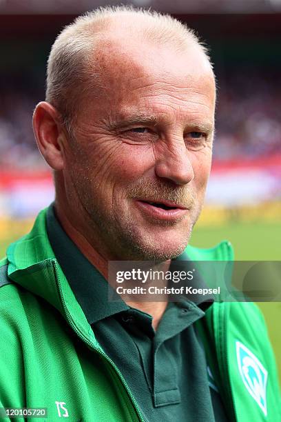 Thomas Schaaf of Bremen looks on prior to the first round DFB Cup match between 1. FC Heidenheim and Werder Bremen at Voith-Arena on July 30, 2011 in...