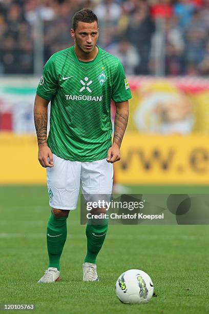 Marko Arnautovic of Bremen runs with the ball during the first round DFB Cup match between 1. FC Heidenheim and Werder Bremen at Voith-Arena on July...