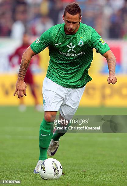 Marko Arnautovic of Bremen runs with the ball during the first round DFB Cup match between 1. FC Heidenheim and Werder Bremen at Voith-Arena on July...