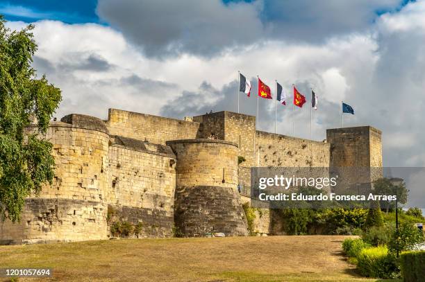 caen's castle walls and flags of france and normandy against an overcast sky - caen hill stock pictures, royalty-free photos & images