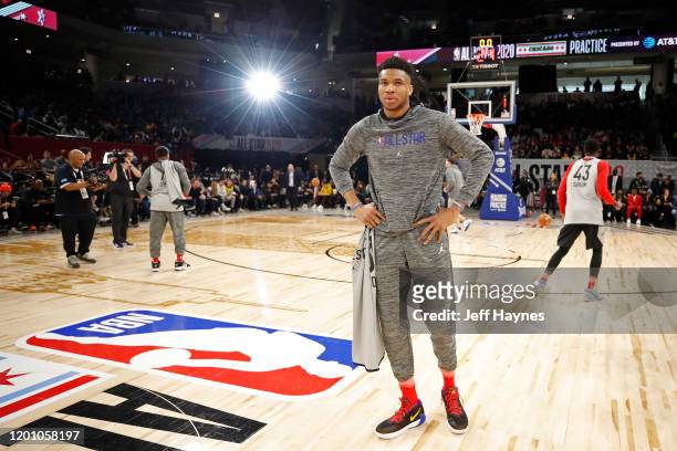 Giannis Antetokounmpo of the Milwaukee Bucks looks on during Practice and Media Availability presented by AT&T as part of 2020 NBA All-Star Weekend...