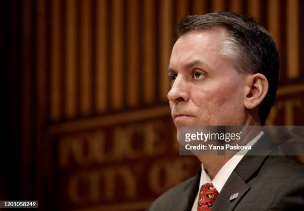Chief Dermot Shea holds a press conference alongside Manhattan District Attorney Cyrus Vance and NYPD Chief of Detectives Rodney Harrison on February...