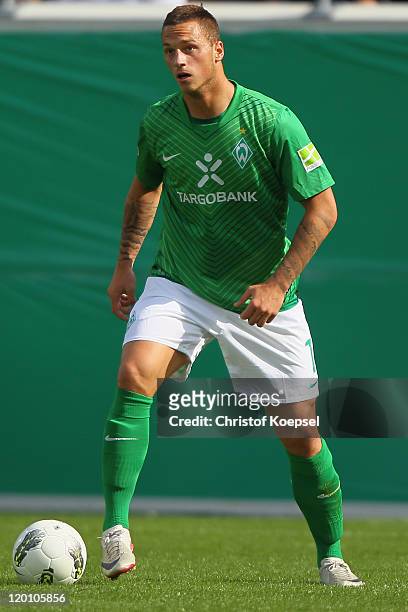 Marko Arnautovic of Bremen runs with the ball during the first round DFB Cup match between 1. FC Heidenheim and Werder Bremen at Voith-Arena on July...