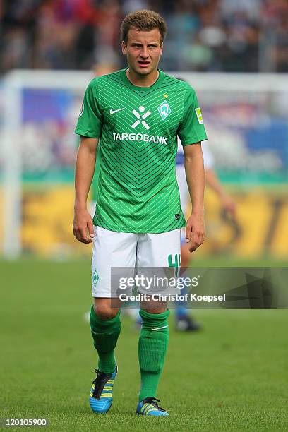 Philipp Bargfrede of Bremen looks on during the first round DFB Cup match between 1. FC Heidenheim and Werder Bremen at Voith-Arena on July 30, 2011...