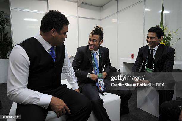 Neymar talks to Ronaldo before the start of the Preliminary Draw of the 2014 FIFA World Cup at Marina Da Gloria on July 30, 2011 in Rio de Janeiro,...