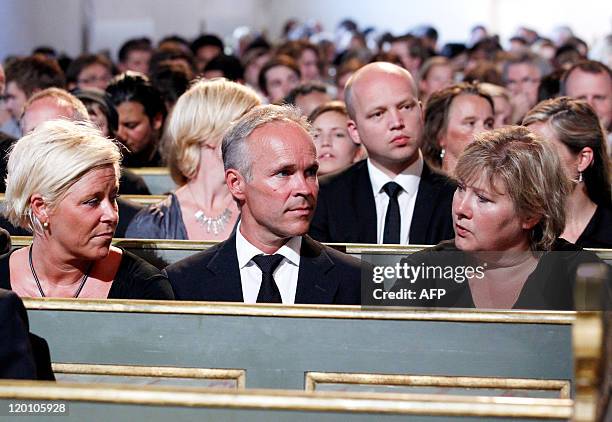 Siv Jensen , chairman of the Norwegian Progressive Party, Jan Tore Sanner , vice chairman of the Norwegian Conservative Party, and Erna Solberg ,...