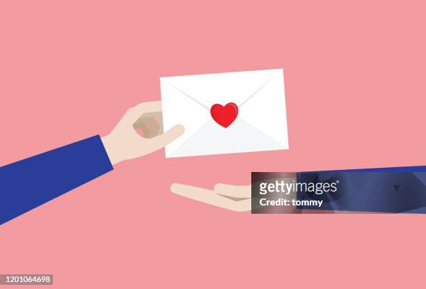 ein mann gibt einem mädchen einen liebesbrief - love letter stock-grafiken, -clipart, -cartoons und -symbole