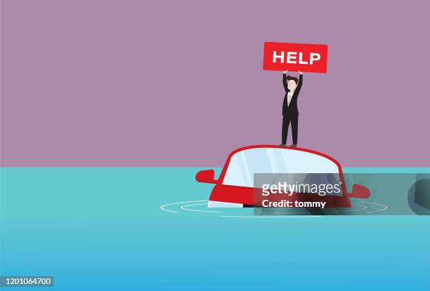 businessman with help sign stands on a car is going to sink - sinking stock illustrations
