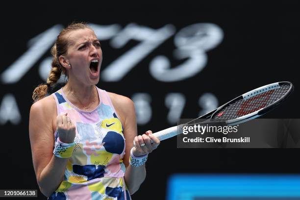 Petra Kvitova of Czech Republic celebrates after winning match point in her Women's Singles second round match against Paula Badosa of Spain on day...