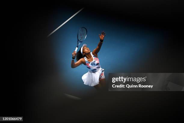 Naomi Osaka of Japan serves during her Women's Singles second round match against Saisai Zheng of China on day three of the 2020 Australian Open at...