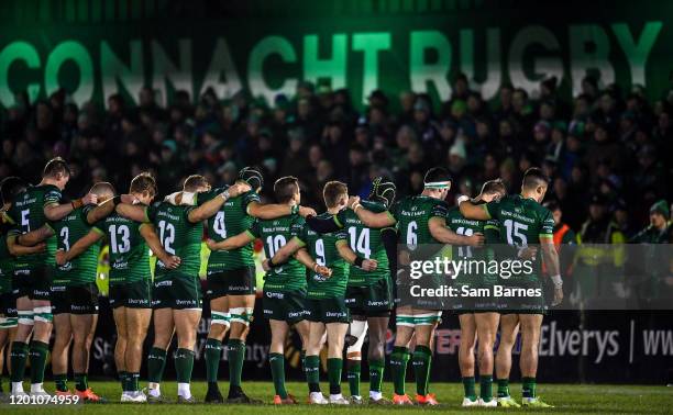 Galway , Ireland - 15 February 2020; The Connacht team during a minute's silence for former Munster Rugby CEO Garrett Fitzgerald ahead of the...