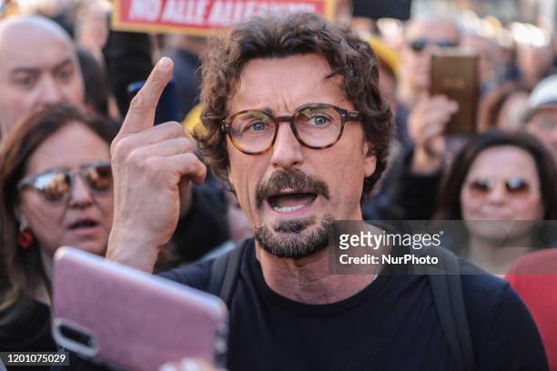 Italian Senator Danilo Toninelli during a rally against members of parliament who are trying to overturn a recent law that curbs lavish politician...