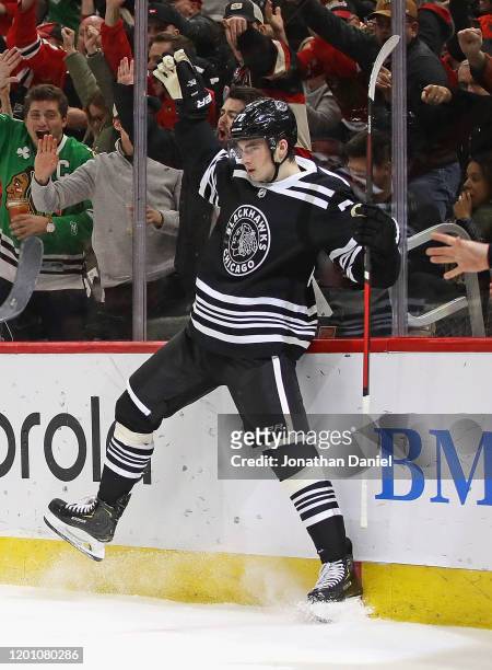 Kirby Dach of the Chicago Blackhawks celebrates after scoring a second period goal against the Florida Panthers at the United Center on January 21,...