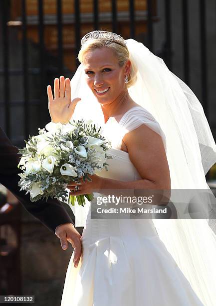 Zara Phillips departs for the Royal wedding of Zara Phillips and Mike Tindall at Canongate Kirk on July 30, 2011 in Edinburgh, Scotland. The Queen's...