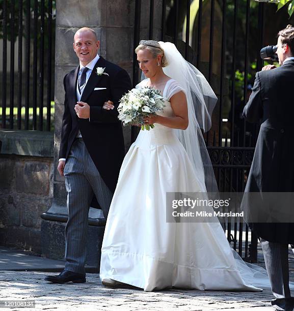 Zara Phillips and Mike Tindall after their wedding at Canongate Kirk on July 30, 2011 in Edinburgh, Scotland.