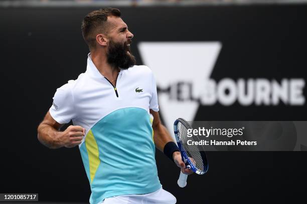 Benoit Paire of France celebrates after winning a point during his Men's Singles second round match against Marin Cilic of Croatia on day three of...