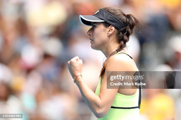 Sorana Cirstea of Romania celebrates after winning a point during her Women's Singles second round match against Coco Gauff of the United States on...