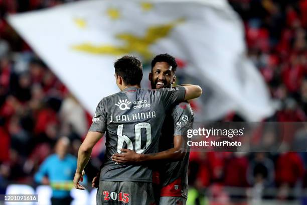 Joao Palhinha of SC Braga celebrates the victory with Wallace during the Portuguese League football match between SL Benfica and SC Braga at the Luz...