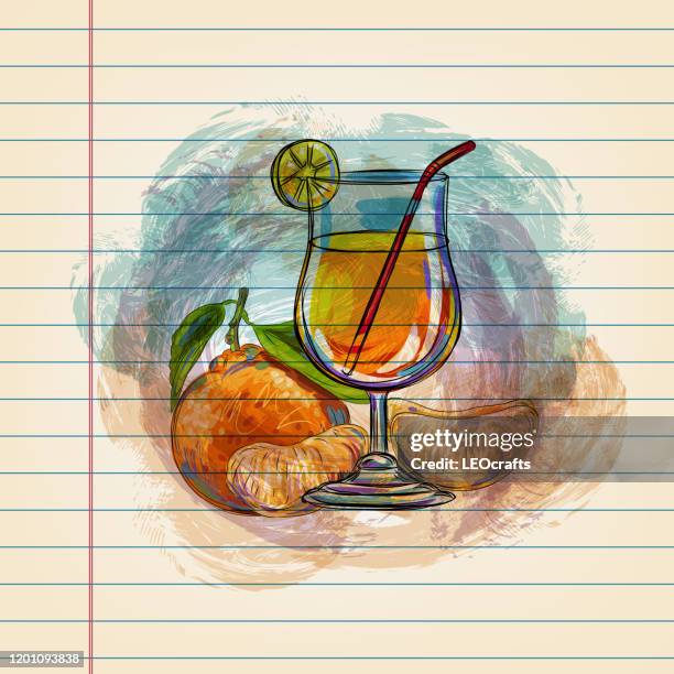 orange juice drawing on ruled paper - tangerine sketch stock illustrations