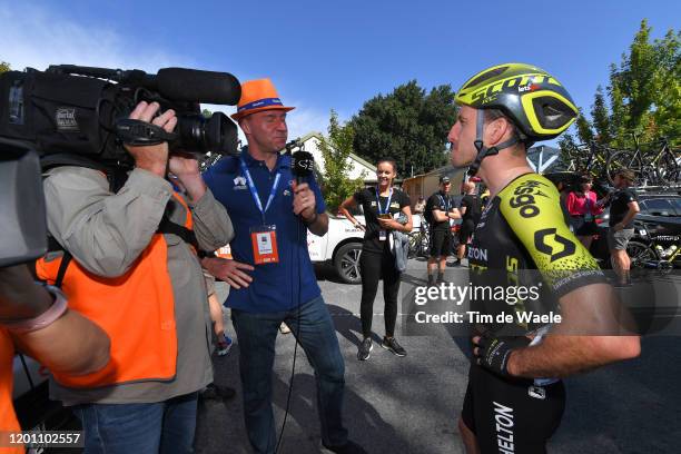 Start / Jens Voigt of Germany Ex-pro cyclist TV commentator / Simon Yates of United Kingdom and Team Mitchelton-SCOTT / Press / Media / Interview /...