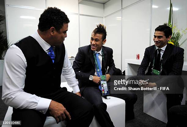 Brazilian legend Ronaldo and Neymar talk before the Preliminary Draw of the 2014 FIFA World Cup at Marina Da Gloria on July 30, 2011 in Rio de...