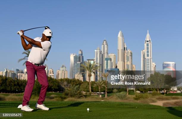Brian Lara the former international cricketer in action during the pro-am event prior to the Omega Dubai Desert Classic at Emirates Golf Club on...