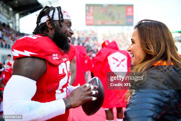 Matt Elam of the DC Defenders is interviewed by Dianna Russini during the game against the New York Guardians at Audi Field on February 15, 2020 in...