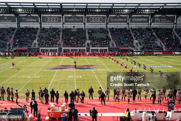 General view of the opening kick-off of the XFL game between the DC Defenders and the NY Guardians at Audi Field on February 15, 2020 in Washington,...