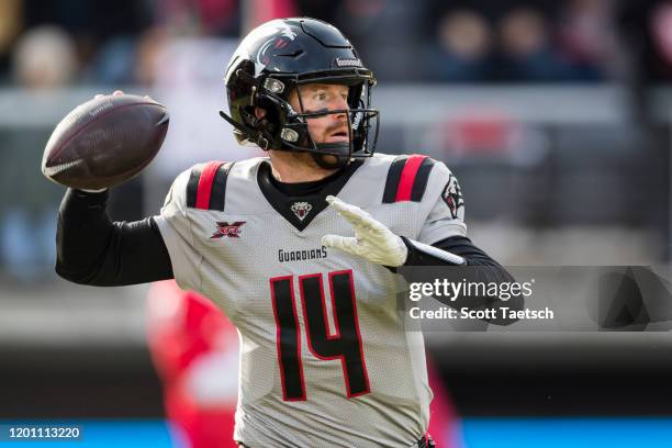 Matt McGloin of the NY Guardians attempts a pass against the DC Defenders during the first half of the XFL game at Audi Field on February 15, 2020 in...