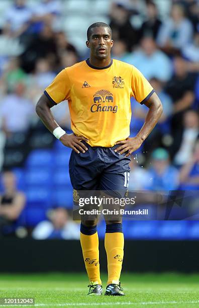 Sylvain Distin of Everton looks on during the pre season friendly between Birmingham City and Everton at St Andrews on July 30, 2011 in Birmingham,...