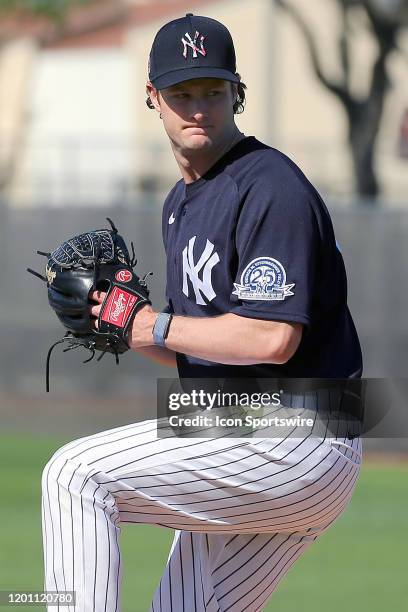 Gerrit Cole of the Yankees goes thru a drill during the New York Yankees spring training work out on February 15 at the George M. Steinbrenner Field...