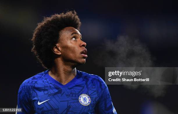 Willian of Chelsea looks up during the Premier League match between Chelsea FC and Arsenal FC at Stamford Bridge on January 21, 2020 in London,...