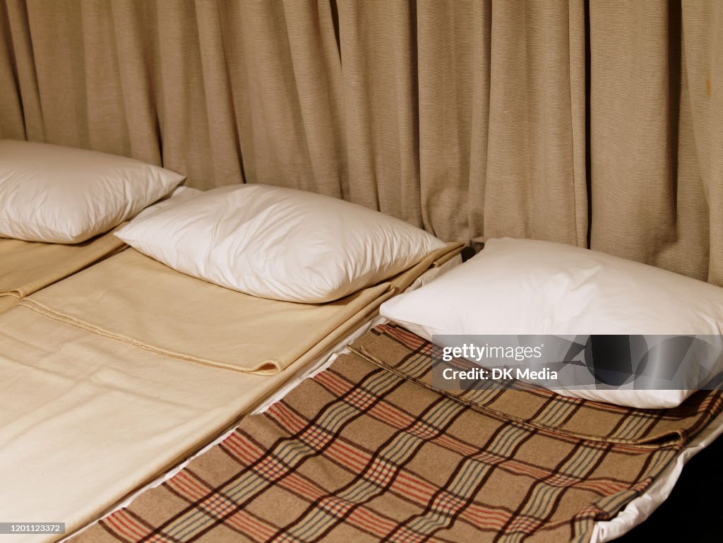 Temporary beds for disaster refugees at a shelter