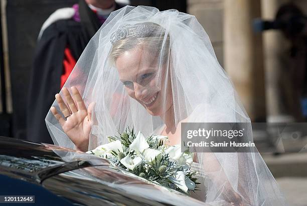 Zara Phillips leaves the church after her marriage to England rugby player Mike Tindall at Canongate Kirk on July 30, 2011 in Edinburgh, Scotland.